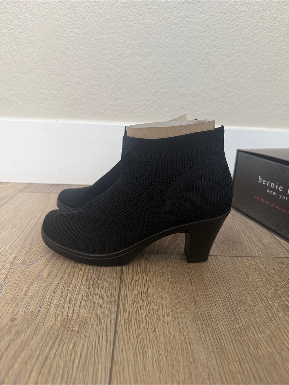 bernie mev. Black Knit Ankle Booties with Chunky Heel
